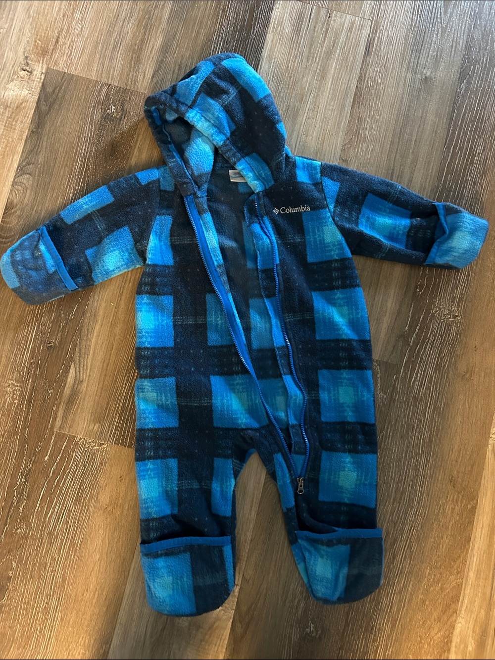 Columbia Baby Blue and Black Plaid Fleece Footed and Hooded One-Piece/Bunting